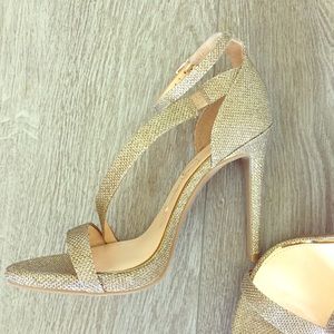 Sparkly gold strappy dress sandals, evening heels.